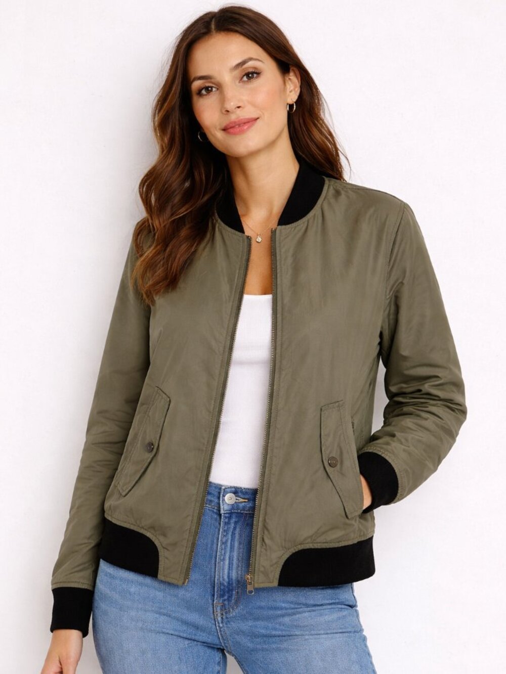 Kensie Classic Bomber Jacket in Army Green with Black Trim - size large